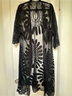 Sheer Black Embroidered Duster Cardigan Beach Cover Up